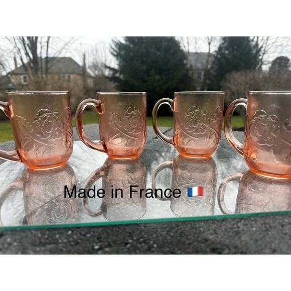 Vintage Arcoroc France Rosaline 8 Oz Pink Glass Rose Coffee Mugs ~set Of 4 - Picture 1 of 14